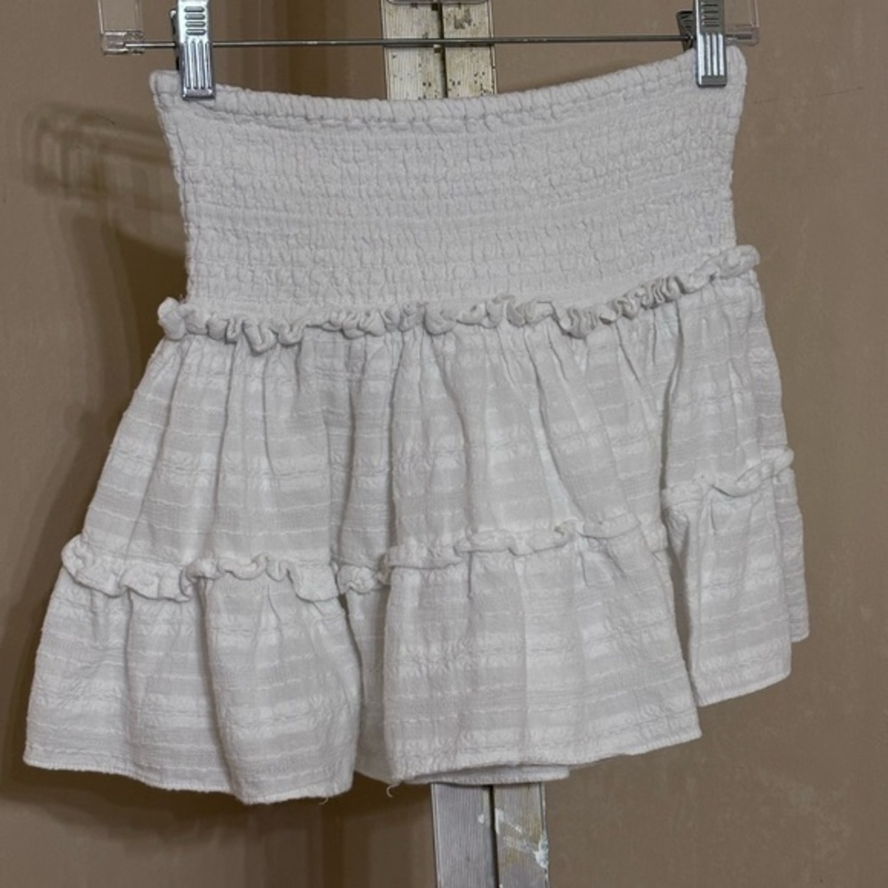 Olivaceous White Mini Skirt with Smocked Ruffles Sz S
